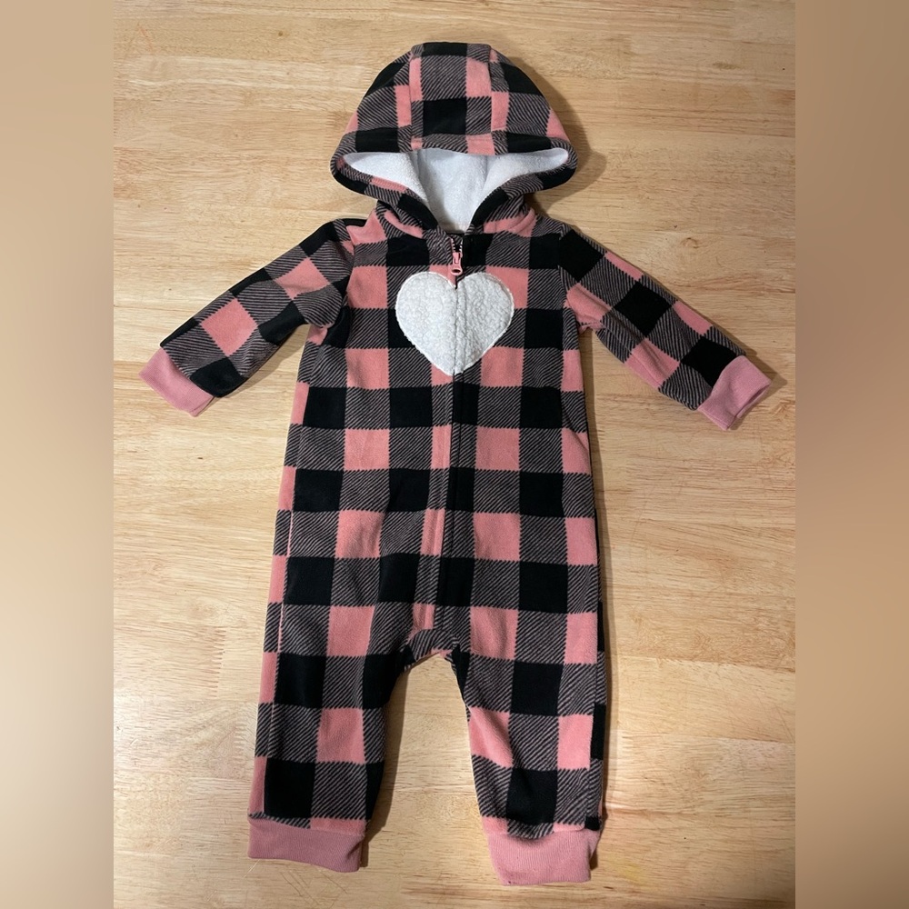 Pink Buffalo Plaid Fleece  Onepiece Zip up with Hood - 6 Months